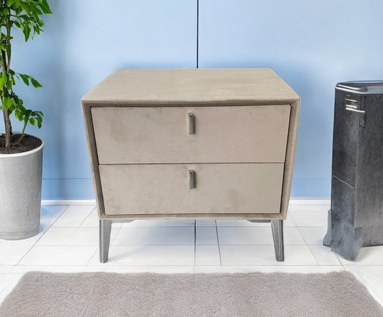 Grey velvet bedside table with silver legs