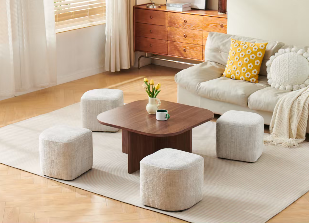 Table basse Marbella noyer MDF avec poufs 80cm