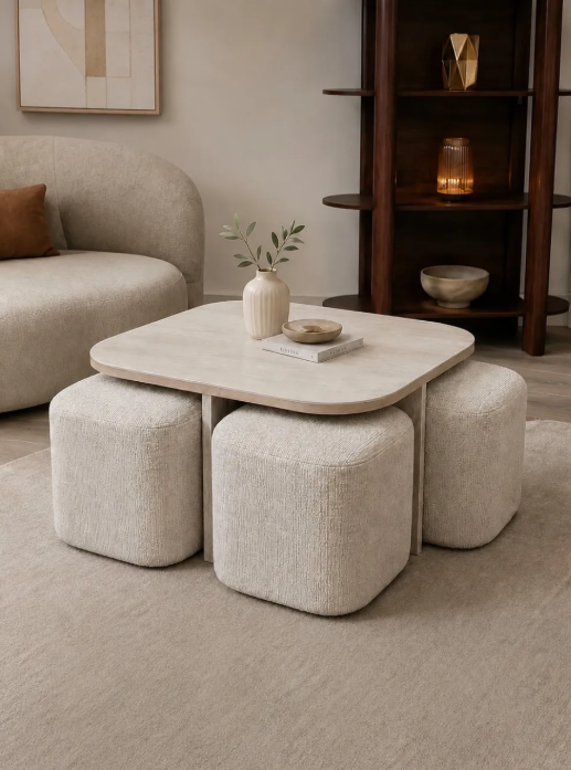 Table basse Marbella travertin céramique avec poufs 80cm