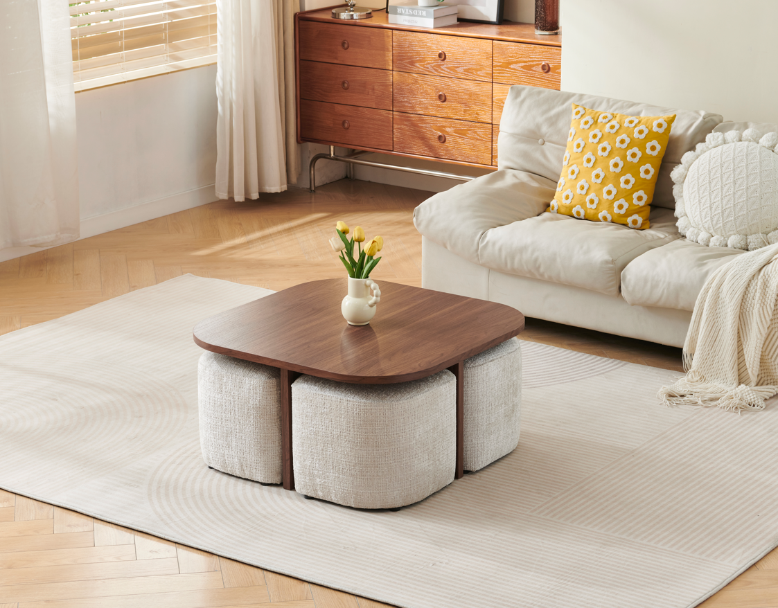 Table basse Marbella noyer MDF avec poufs 80cm