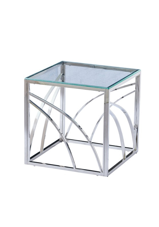 Guéridon Géo carré verre trempé 55cm transparent et pieds en acier inoxydable argenté