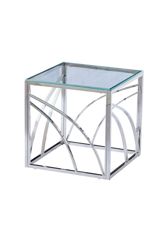 Guéridon Géo carré verre trempé 55cm transparent et pieds en acier inoxydable argenté