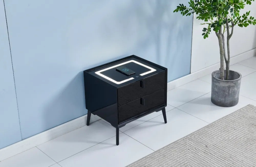 Grey LED induction bedside table with black feet