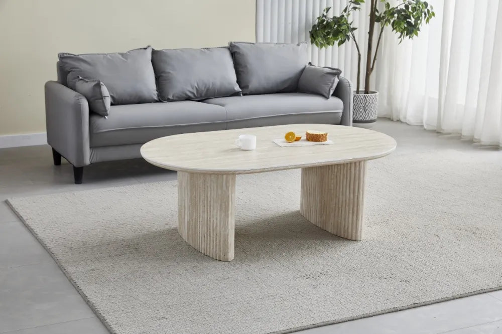 Ophelia Couchtisch, ovale Keramik, weißer Marmor, silberne Beine, 1 m2