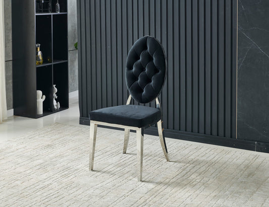 Chaise Ova velours noir pieds en acier inoxydable argenté