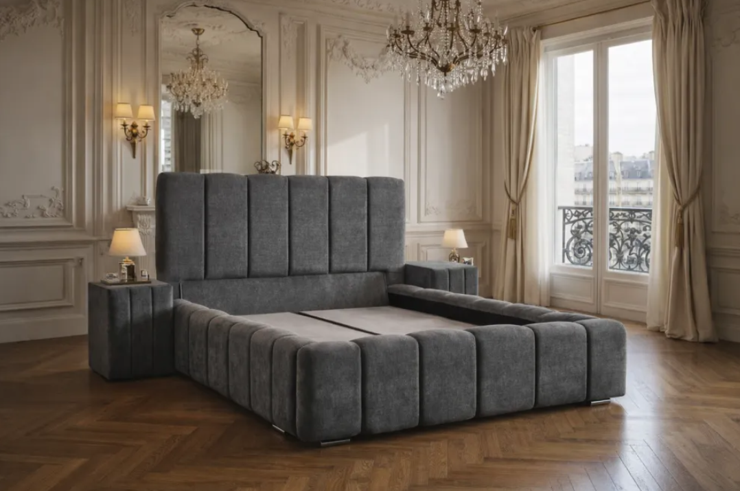 Lit coffre Piano gris tissu bouclette rasé 160x200