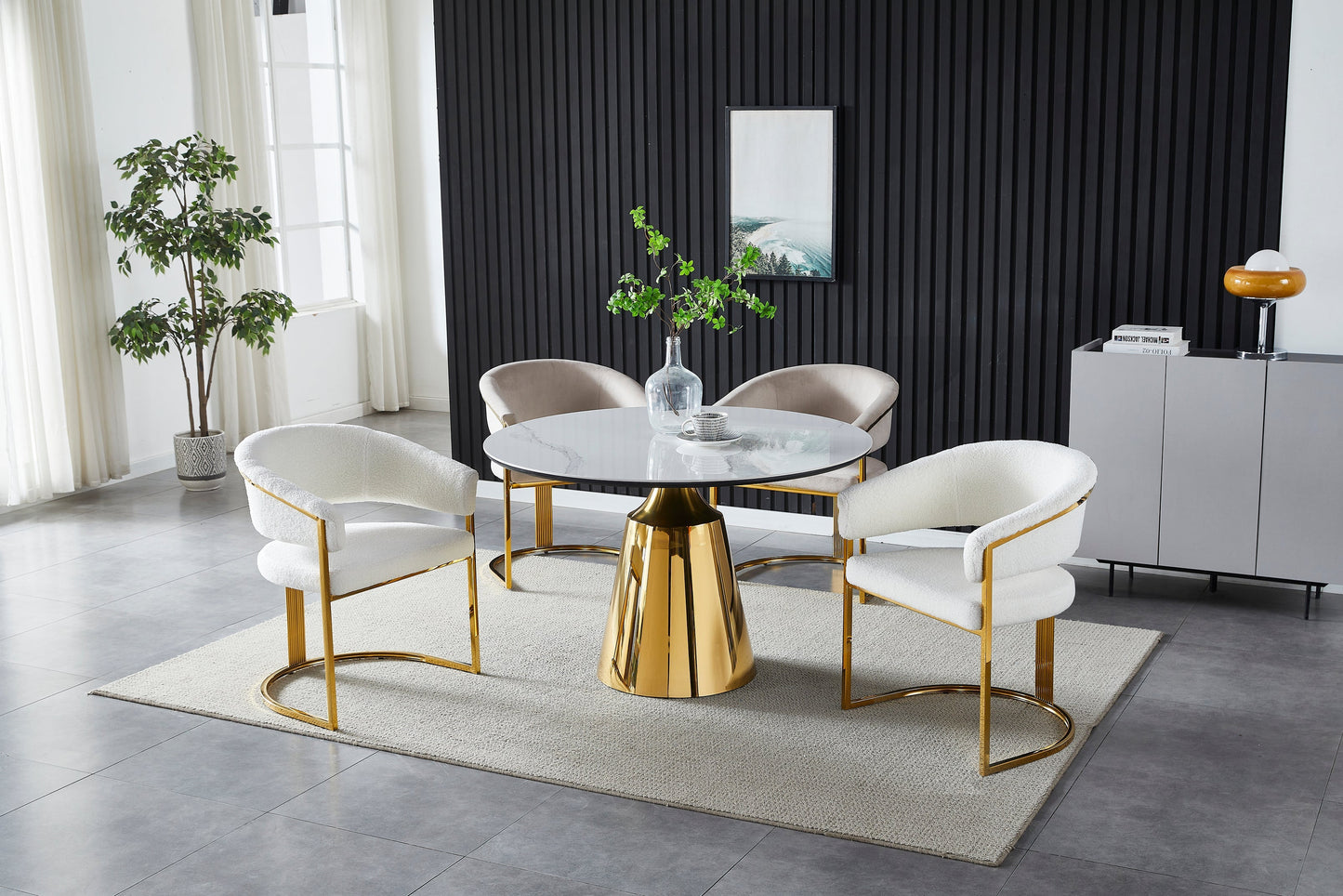 Chloe round dining table in gold and white ceramic 1m20