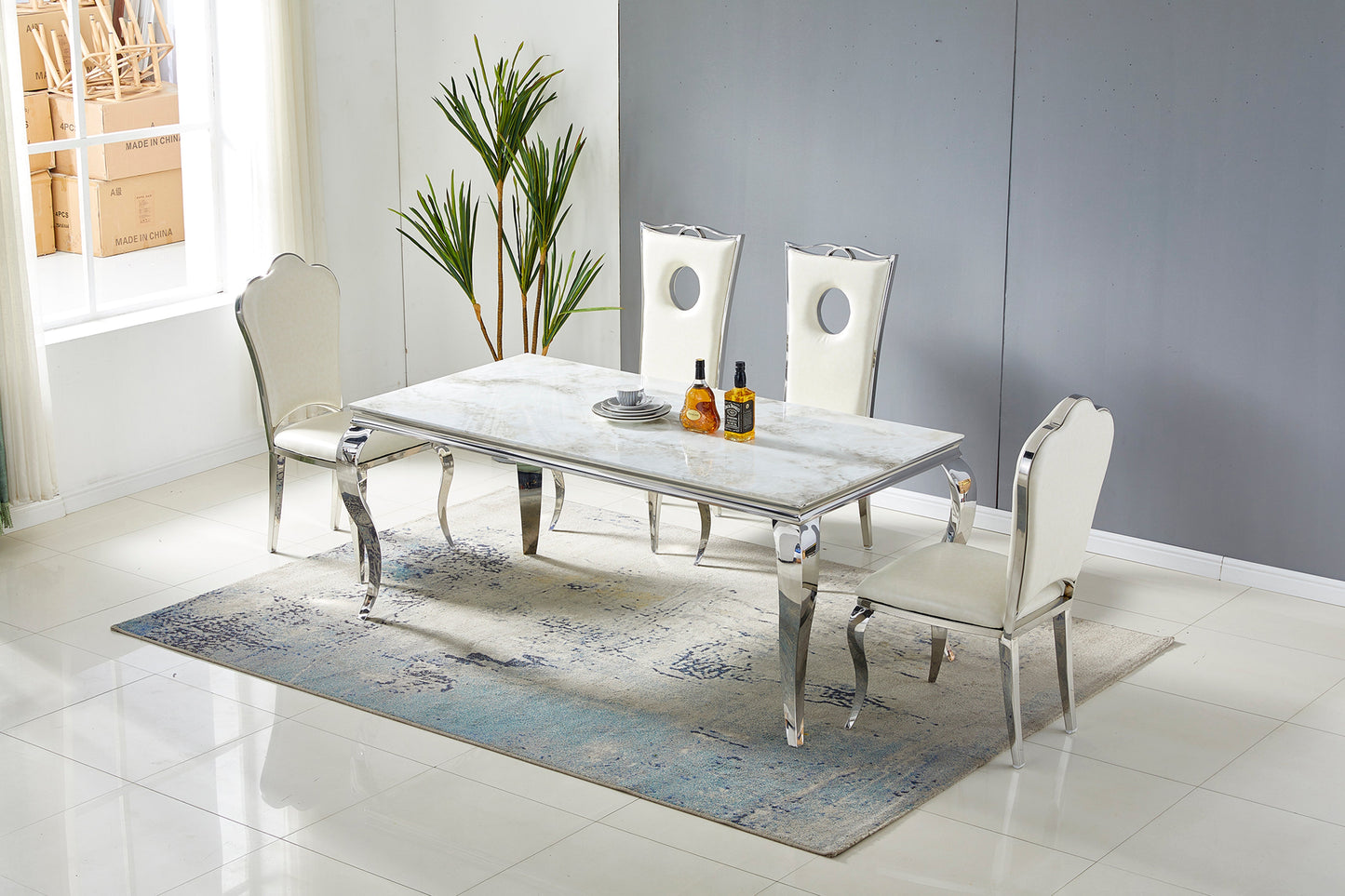 Rectangular baroque dining table silver white marble 1m50