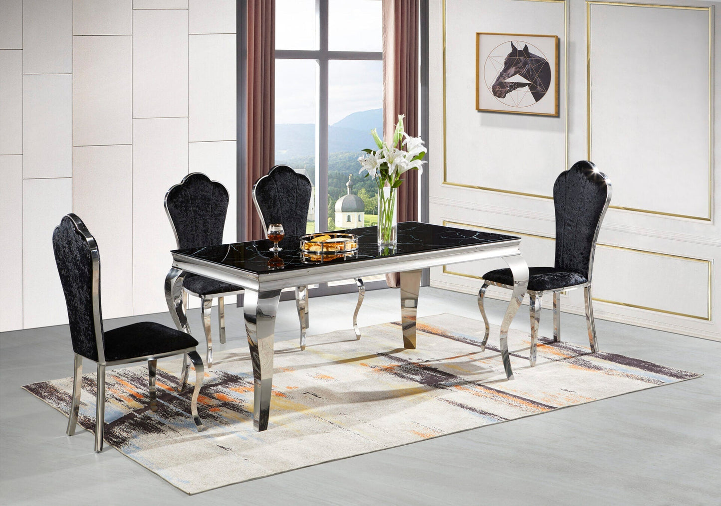 Rectangular baroque dining table in gold and black marble 1.50m