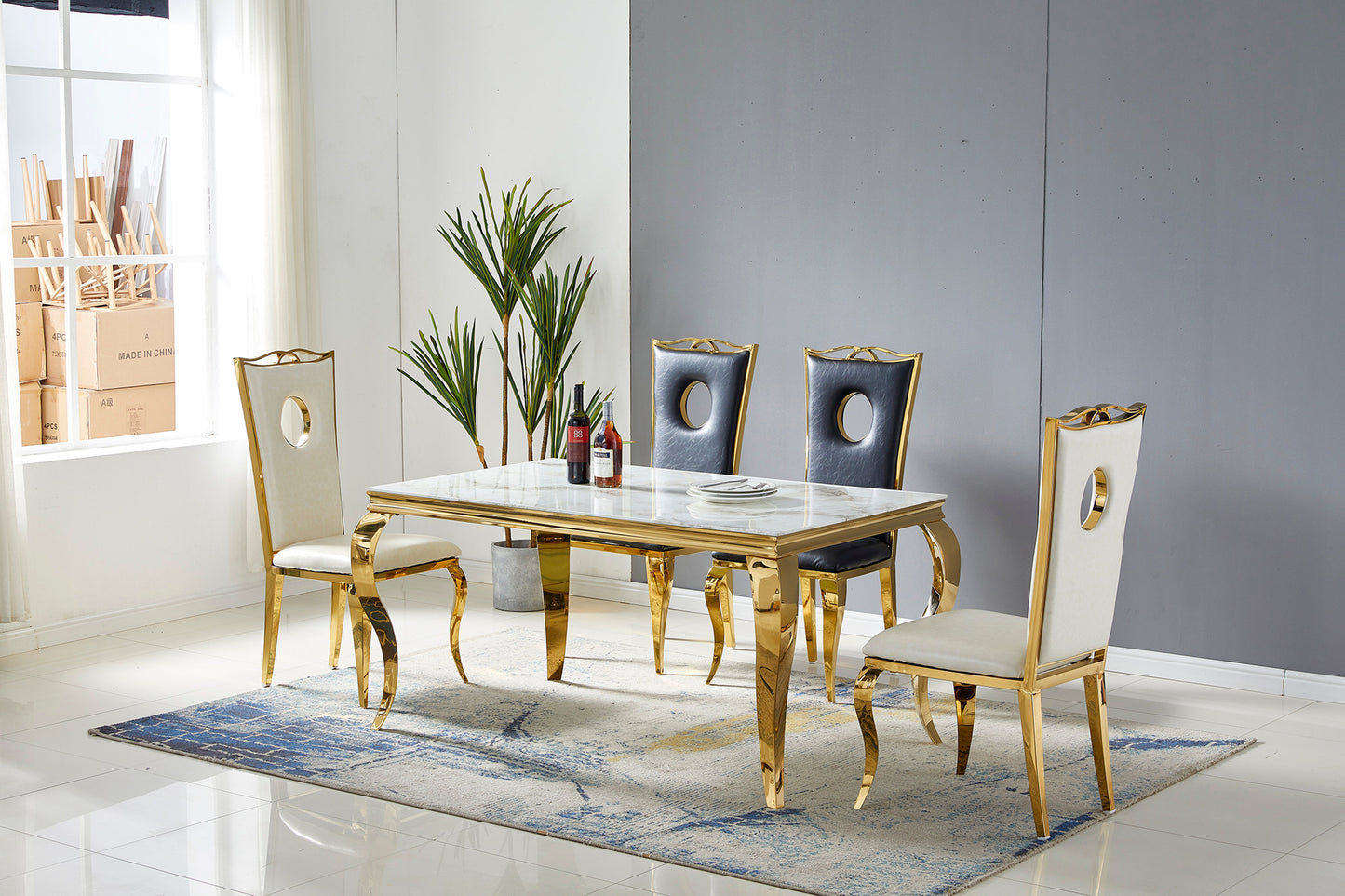 Rectangular baroque dining table in gold and black marble 1.50m