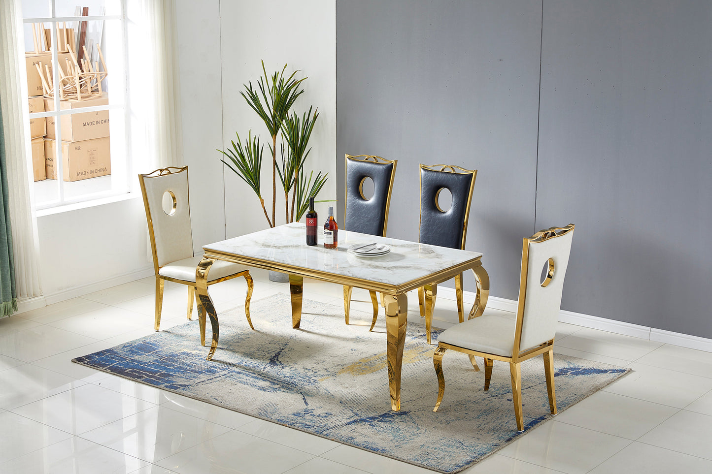 Rectangular baroque dining table in gold and black marble 1.50m