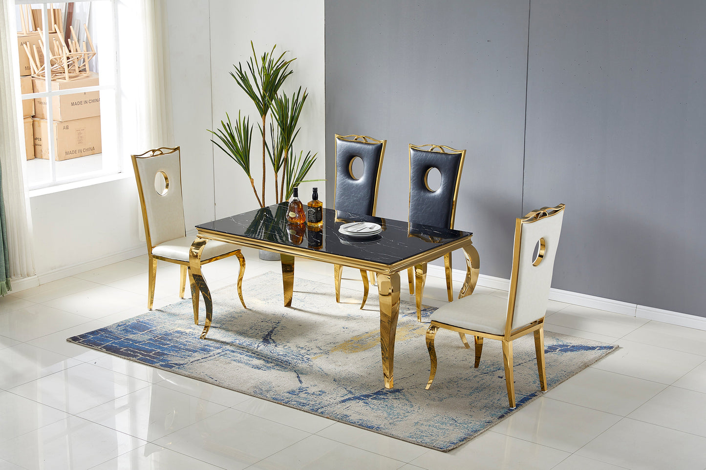 Rectangular baroque dining table in gold and black marble 1.50m