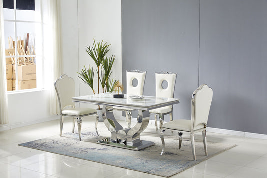 Rectangular trophy dining table silver white marble 1m50