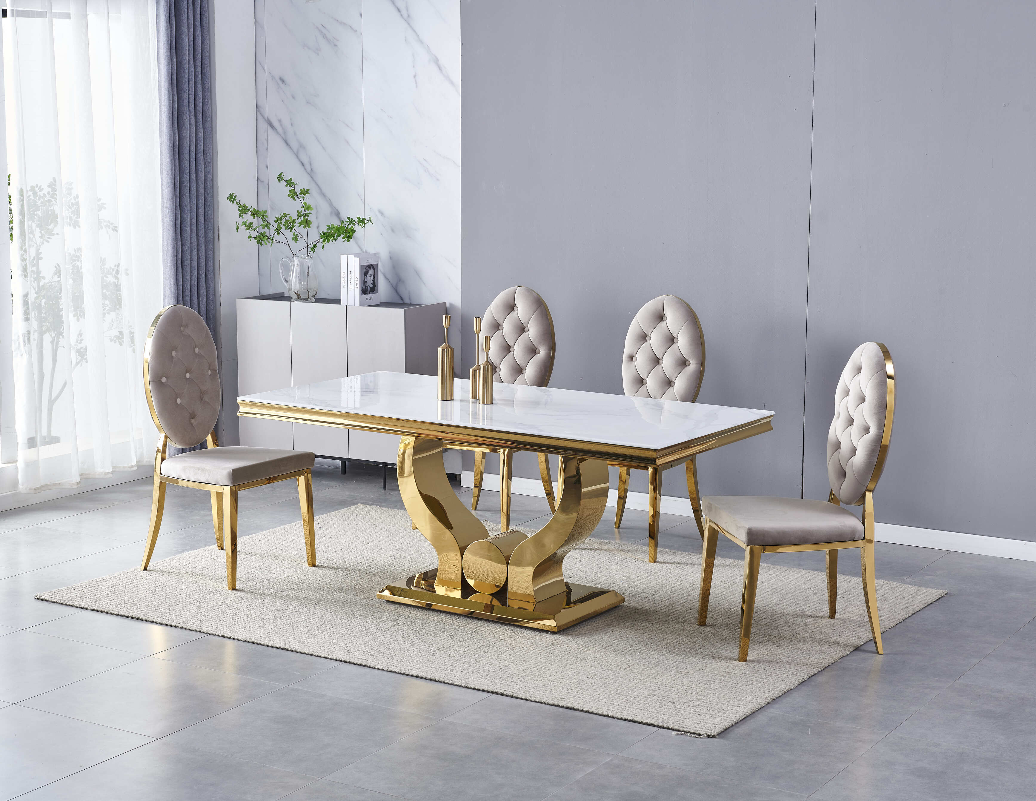 Table à manger Trophée rectangulaire doré marbre blanc – GDM FURNITURE
