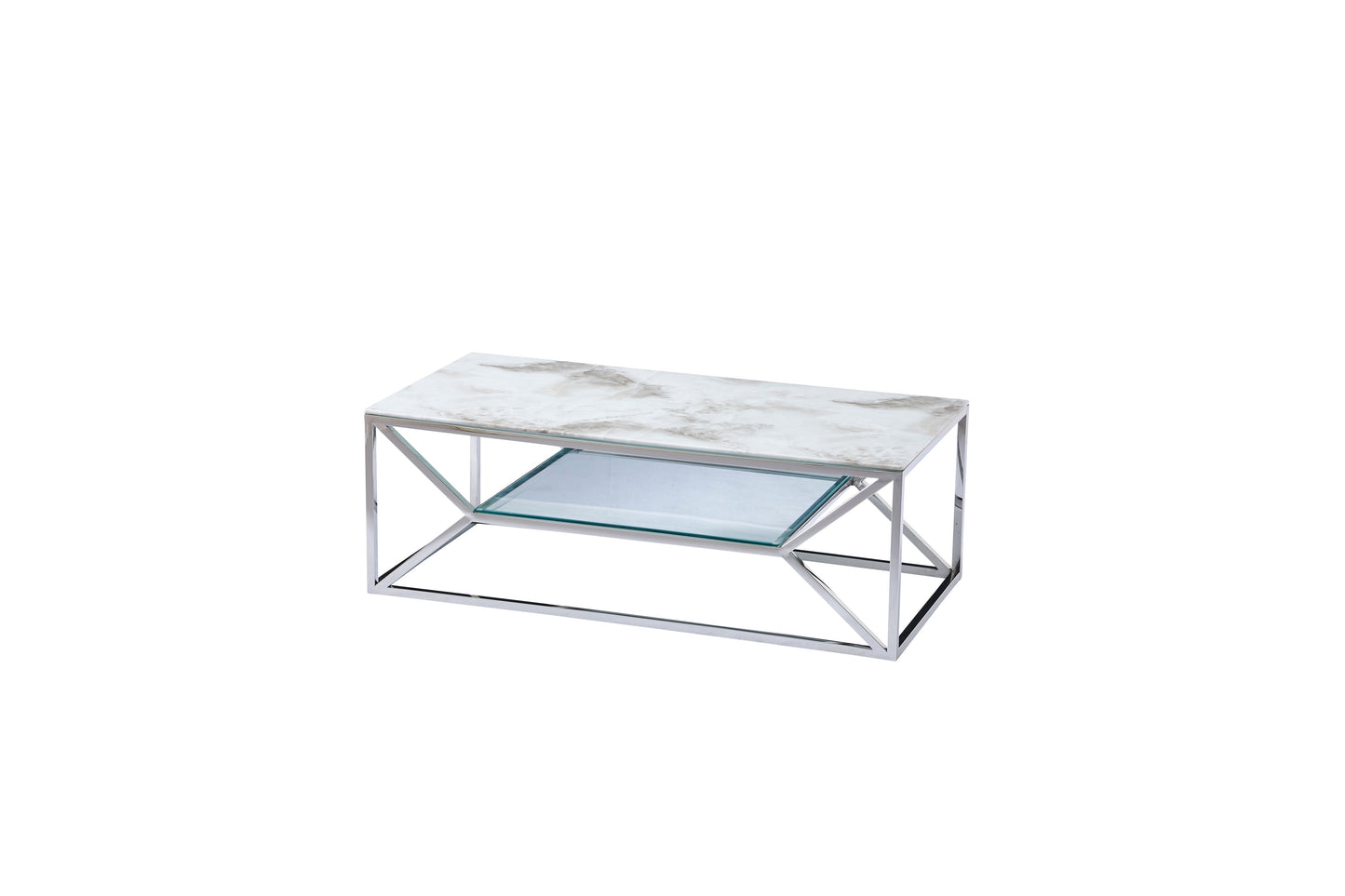 Table Basse Romi rectangulaire verre trempé marbre blanc et pieds en acier inoxydable argenté 120cm