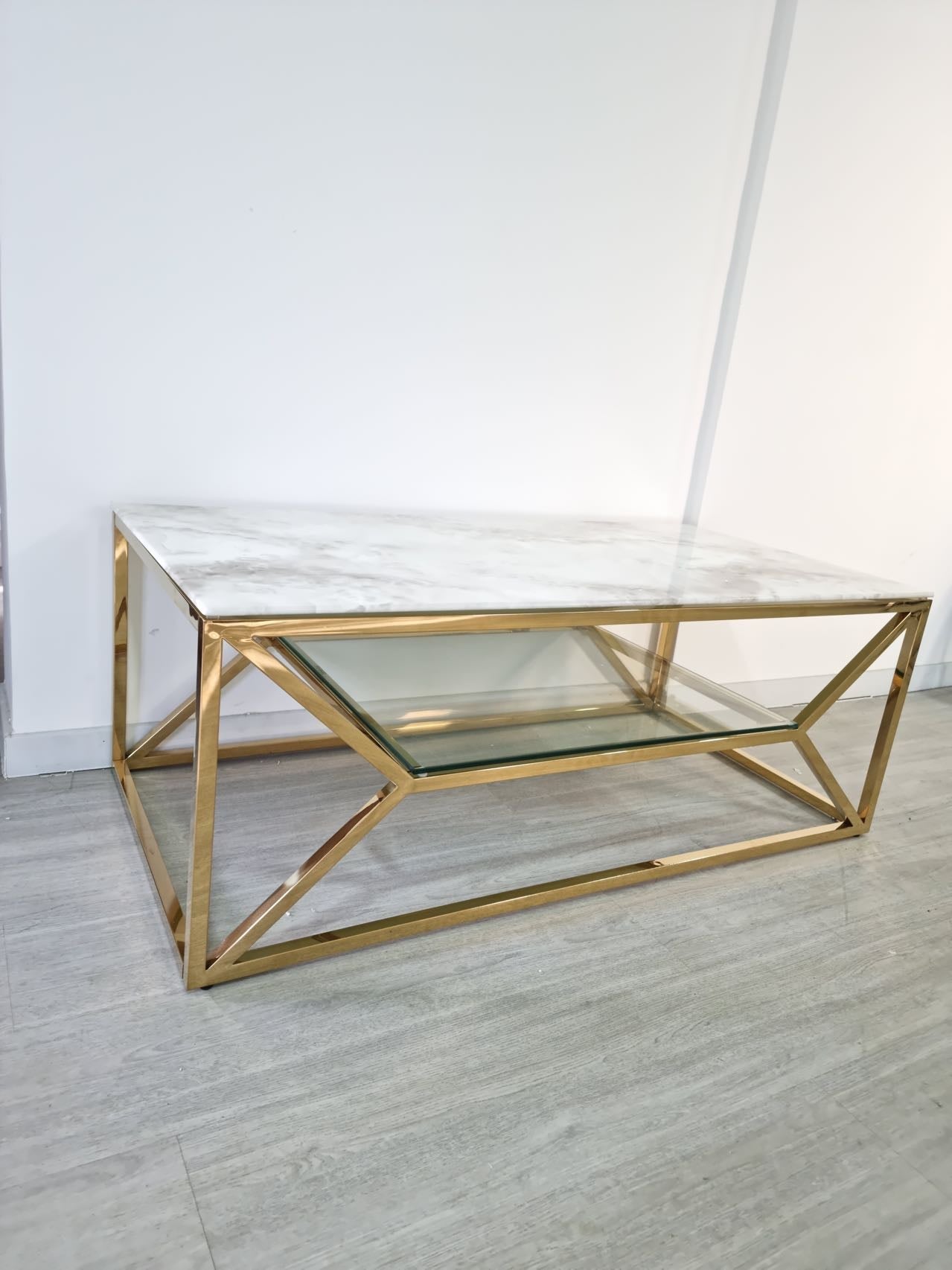 Table Basse Romi rectangulaire verre trempé marbre beige et pieds en acier inoxydable doré 120cm