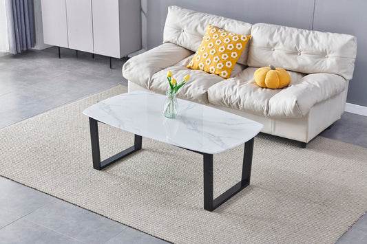 Table Basse Lola rectangulaire verre trempé marbre blanc et pieds en acier inoxydable noir 1m20