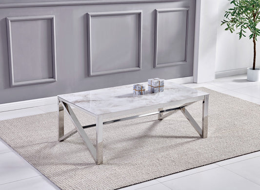 Table Basse Majestic rectangulaire verre trempé marbre blanc et pieds en acier inoxydable argenté 120cm