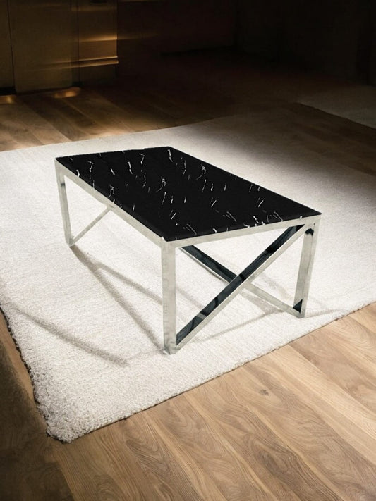 Table Basse Majestic rectangulaire verre trempé marbre noir et pieds en acier inoxydable argenté 120cm