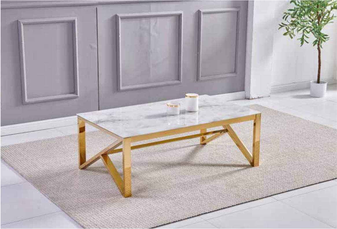 Table Basse Majestic rectangulaire verre trempé marbre beige et pieds en acier inoxydable doré 120cm