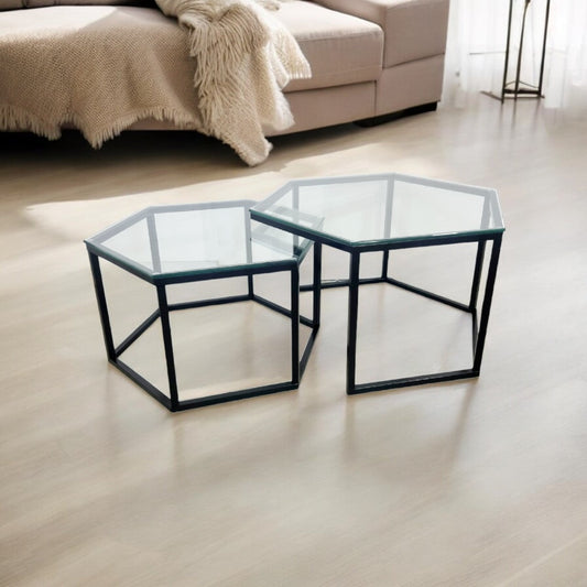 Transparent hexagon nesting coffee table with black legs 70-80cm