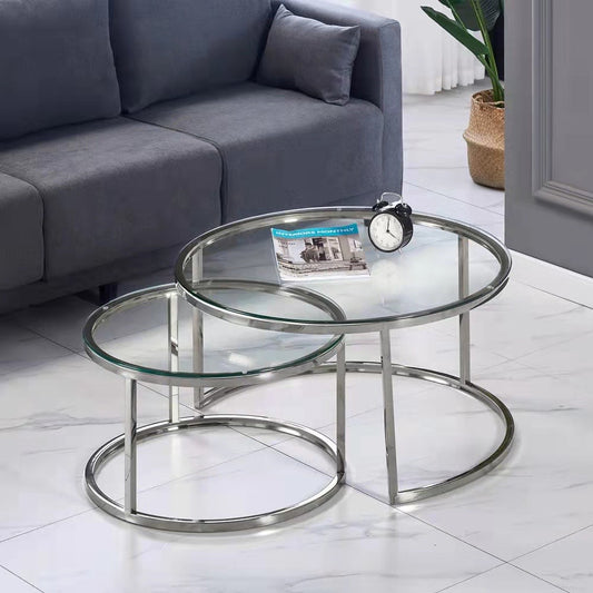 Table Basse Gigogne ronde verre trempé transparent et pieds en acier inoxydable argenté 60-80cm