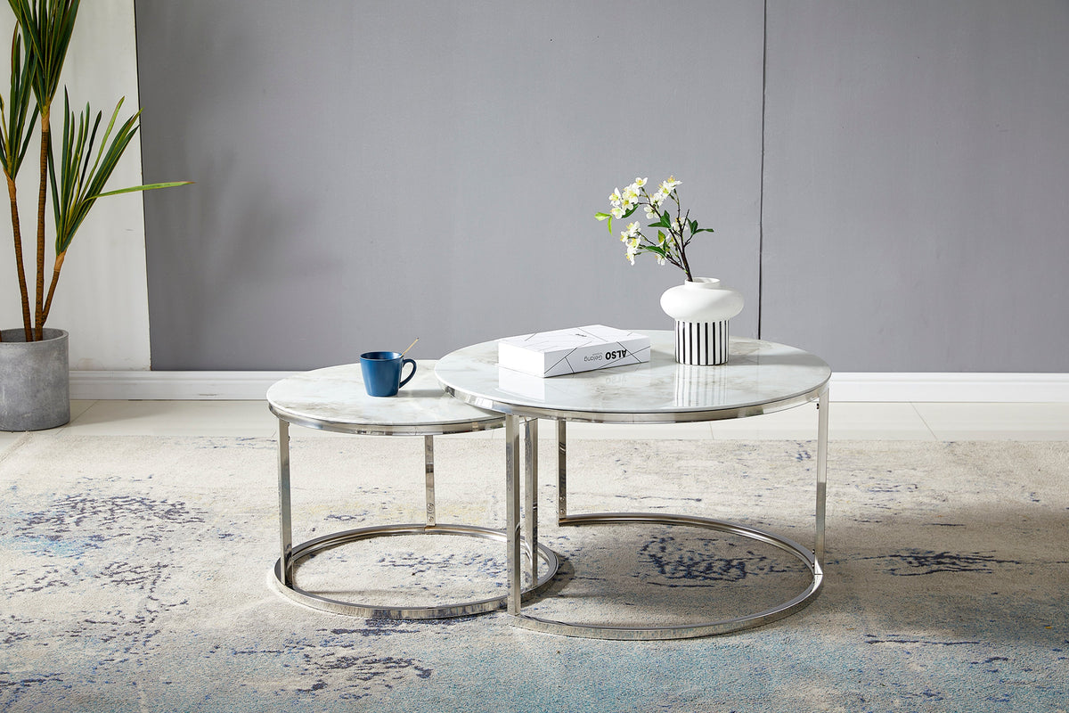 Runder zusammensetzbarer Couchtisch aus beigem Marmor mit silbernen Be – GDM FURNITURE