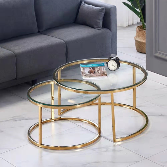 Table Basse Gigogne ronde verre trempé transparent et pieds en acier inoxydable doré 60-80cm