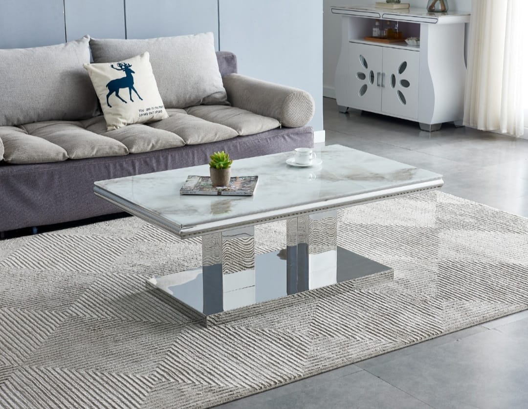 Table Basse Versus rectangulaire verre trempé marbre beige et pieds en acier inoxydable argenté 1m20