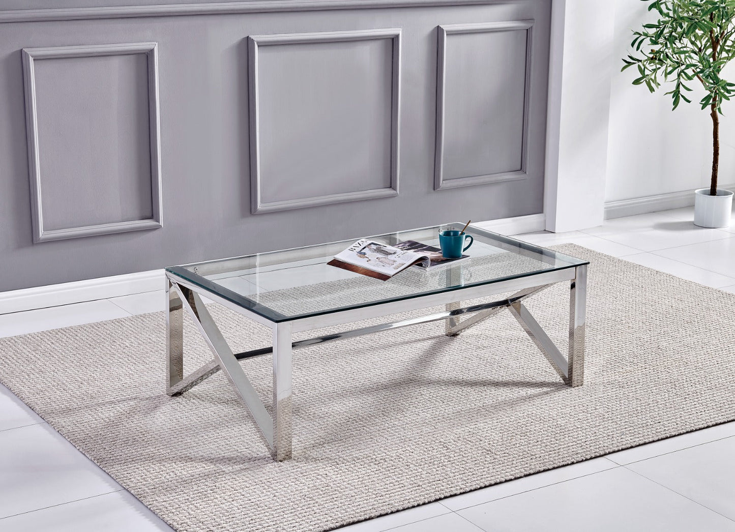 Table Basse Majestic rectangulaire verre trempé transparent et pieds en acier inoxydable argenté 120cm